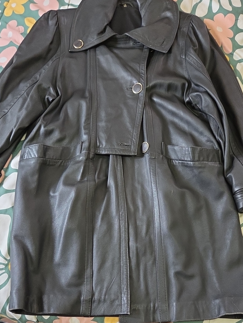 Kol's Istanbul Black Leather Trench Coat Jacket Vintage Retro Size 40